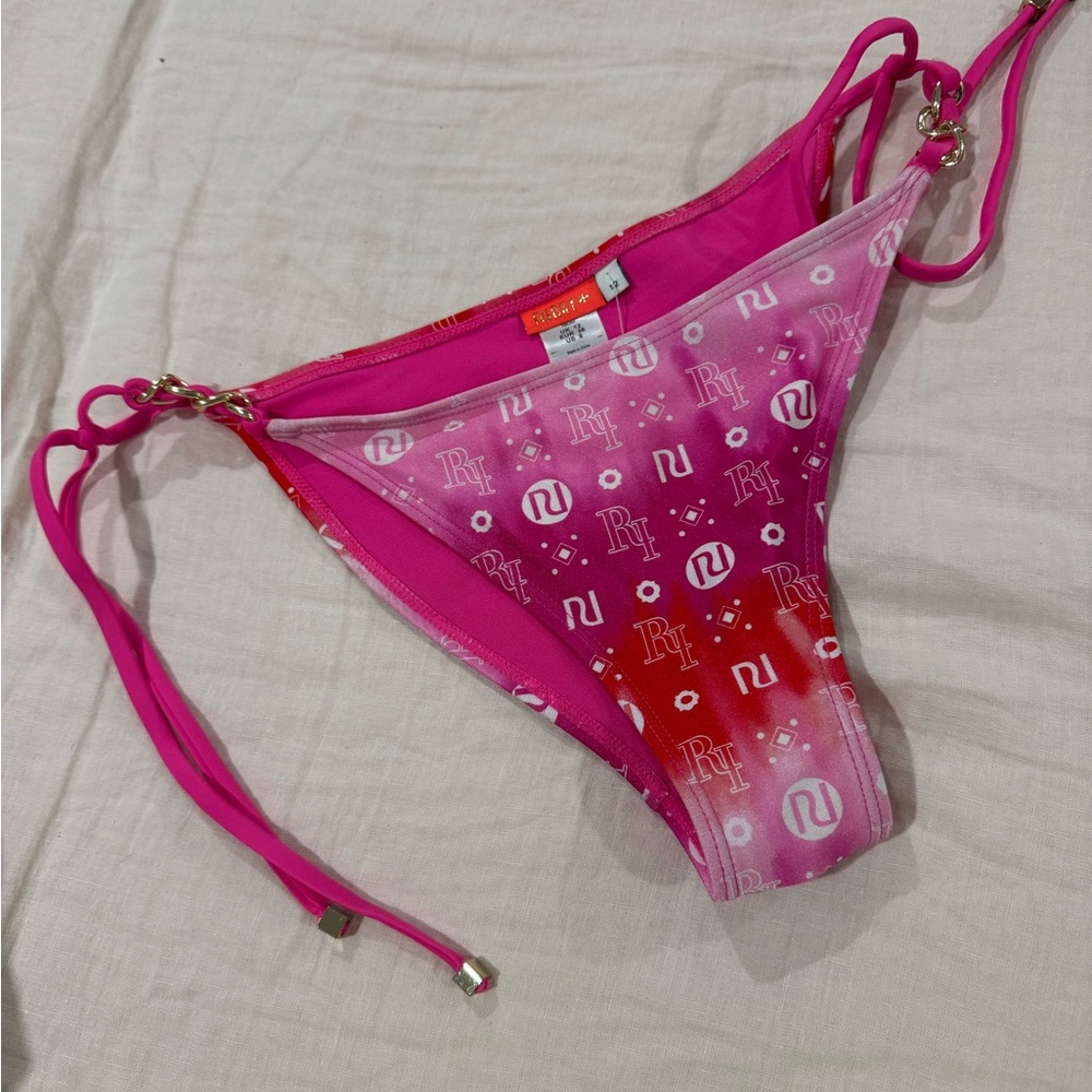 River Island RI Resort Bikini Bottoms Pink Logo Print Side Tie NWT US 8 ❤️ F1